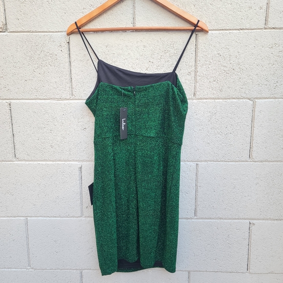 Lulu's | Take Me Anywhere Green Sparkly Asymmetrical Bodycon Mini Dress NEW - Picture 6 of 7
